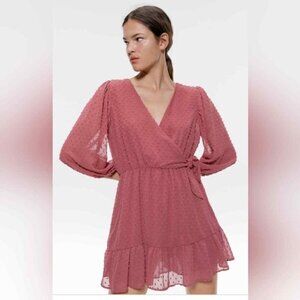 Zara Rose Pink Swiss Dot Long Sleeve Wrap Romper Mini Dress S